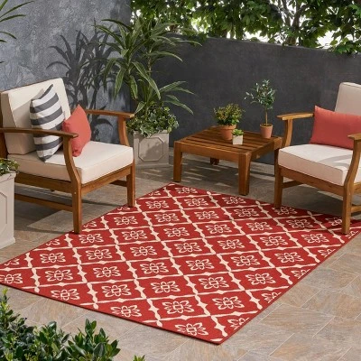 Tallevast Trellis Outdoor Rug Red/Ivory - Christopher Knight Home 2 Tallevast Trellis Outdoor Rug Red/Ivory - Christopher Knight Home - Image 2
