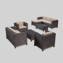 Puerta 9 Piece Wicker Seating Set -Brown/Beige - Christopher Knight Home