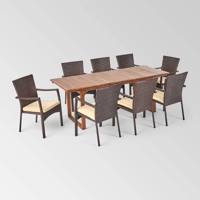 Villa 9pc Wood And Wicker Expandable Dining Set Brown And Cream - Christopher Knight Home 1 Villa 9pc Wood And Wicker Expandable Dining Set Brown And Cream - Christopher Knight Home