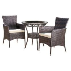 Parker 3-Piece Wicker Patio Bistro Seating Set With Cushions - Brown - Christopher Knight Home