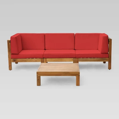 Brava 4pc Acacia Modular Sofa And Table Set - Teak/Red - Christopher Knight Home 1 Brava 4pc Acacia Modular Sofa And Table Set - Teak/Red - Christopher Knight Home